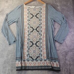 J. Jill Womens Blue Medallion Paisley Tunic Top Dress Long Sleeve Size M